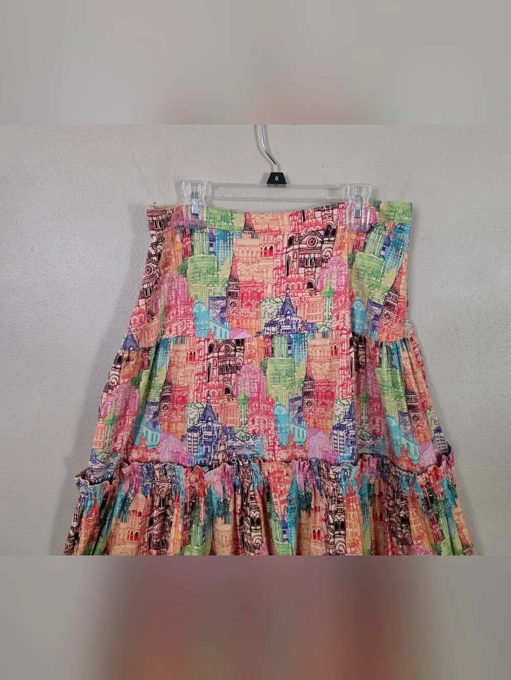 Eva Franco Villa Tiered Maxi Skirt Cityscape Pattern Women's Size 4